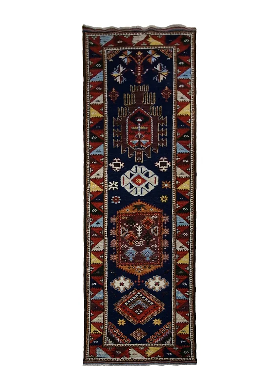 Oriental Rug Pakistani Handmade Runner Transitional Tribal 2'11"x10'5" (3x10) Blue Multi-color Red Baloch Geometric Design #A30055