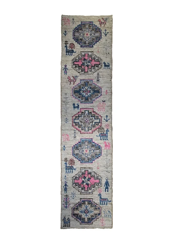 Oriental Rug Pakistani Handmade Runner Transitional Tribal 3'0"x12'0" (3x12) Pink Whites/Beige Geometric Pictorial Animals Gabbeh Design #A34460