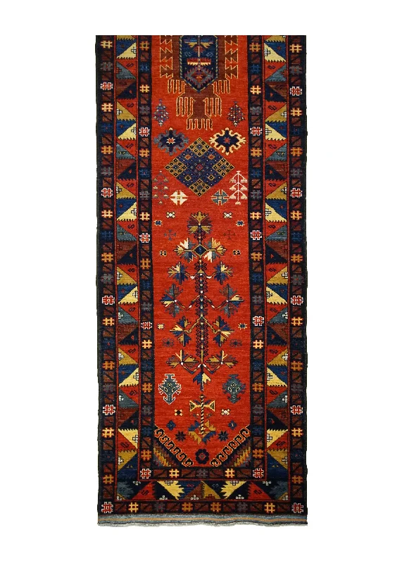 Oriental Rug Pakistani Handmade Runner Transitional Tribal 3'4"x13'7" (3x14) Red Multi-color Baloch Geometric Design #A31568