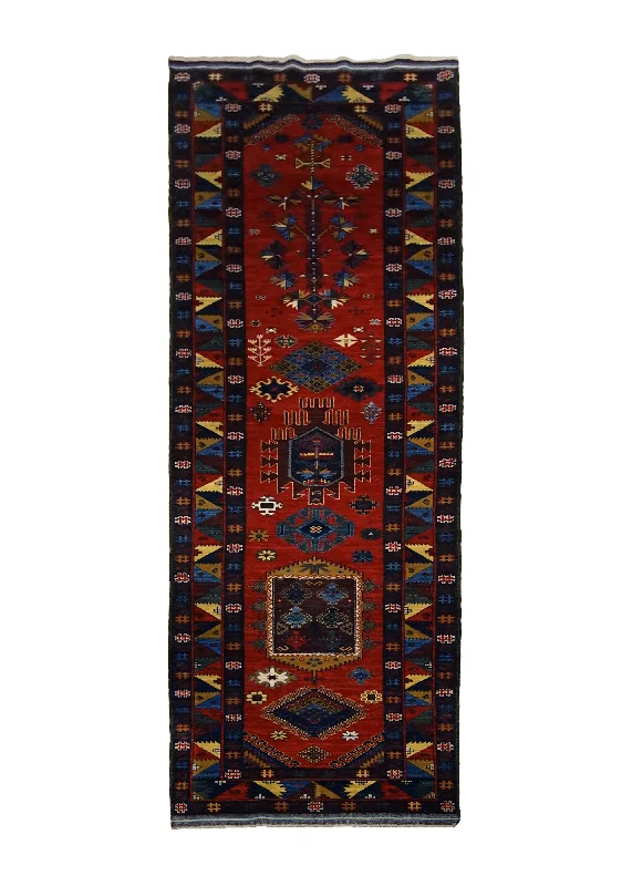 Oriental Rug Pakistani Handmade Runner Transitional Tribal 3'5"x13'8" (3x14) Red Multi-color Blue Baloch Geometric Design #A30072