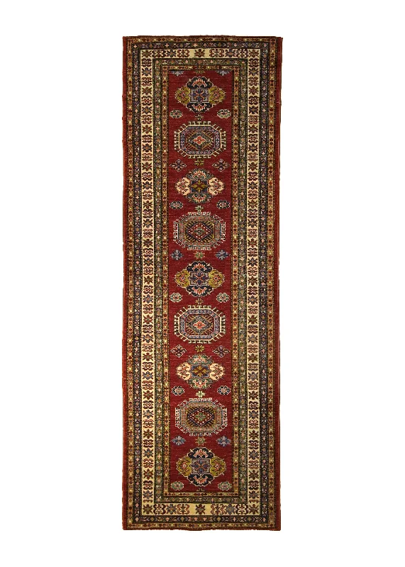 Oriental Rug Pakistani Handmade Runner Transitional Tribal 2'9"x8'7" (3x9) Red Whites/Beige Kazak Geometric Design #A30025