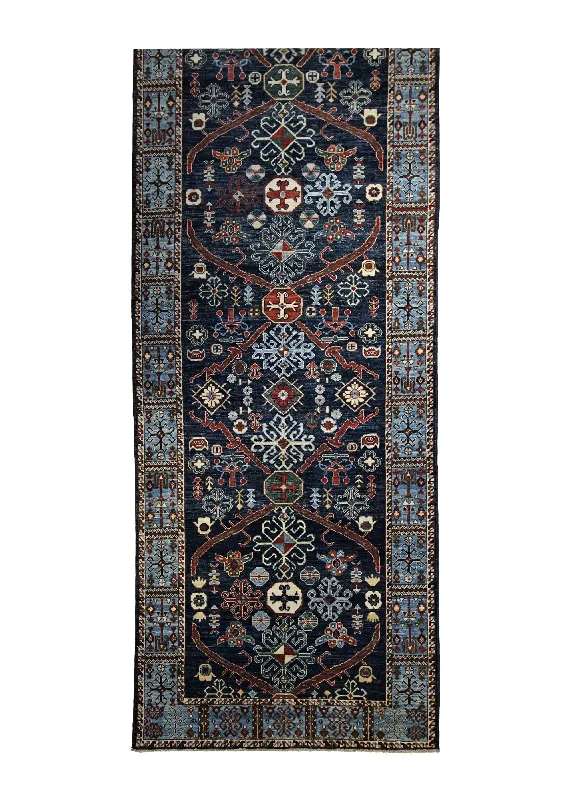 Oriental Rug Pakistani Handmade Runner Transitional Tribal 4'1"x11'10" (4x12) Blue Geometric Design #A34932