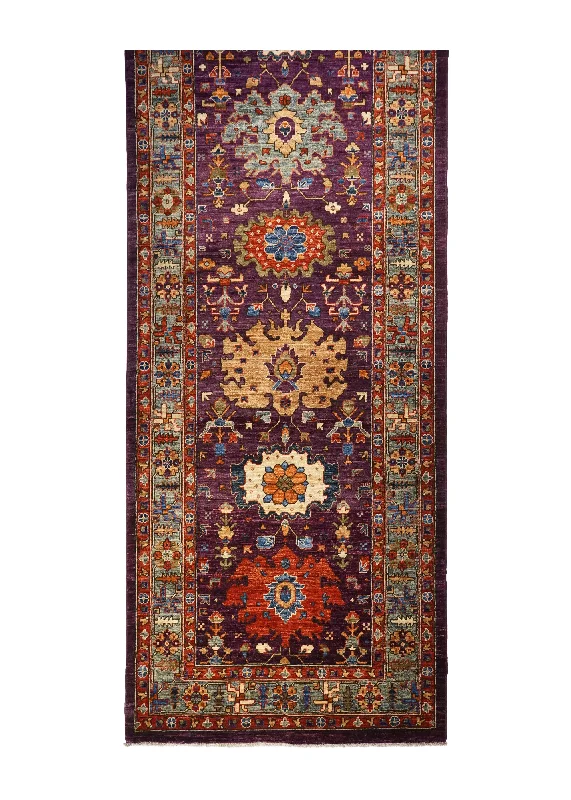 Oriental Rug Pakistani Handmade Runner Transitional Tribal 3'11"x11'7" (4x12) Purple Ariana Floral Serapi Design #A31635