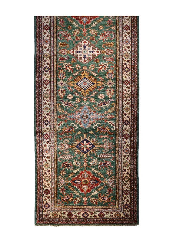 Oriental Rug Pakistani Handmade Runner Transitional Tribal 4'2"x16'10" (4x17) Green Kazak Geometric Design #A32074