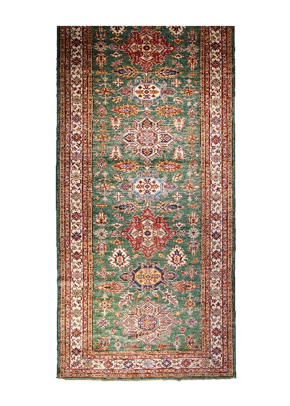 Oriental Rug Pakistani Handmade Runner Transitional Tribal 5'2"x13'4" (5x13) Green Kazak Geometric Design #A32075