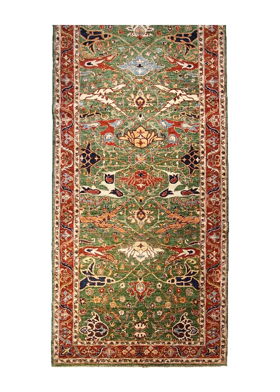 Oriental Rug Pakistani Handmade Runner Transitional Tribal 5'4"x12'8" (5x13) Green Red Chobi Geometric Serapi Design #A32076