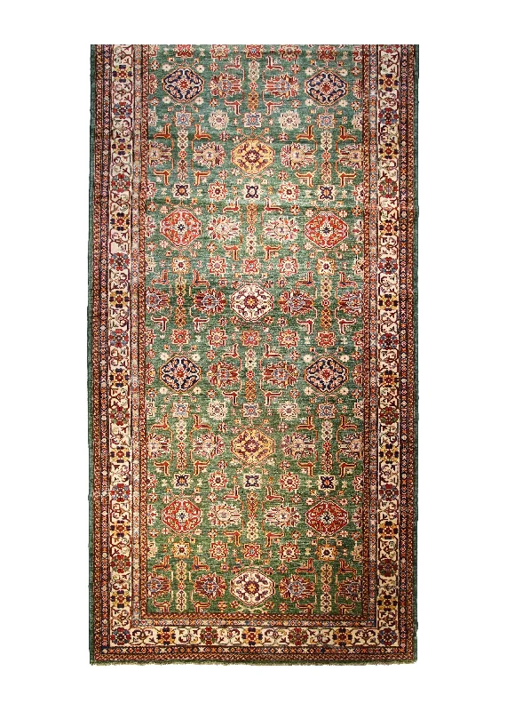 Oriental Rug Pakistani Handmade Runner Transitional Tribal 6'1"x13'3" (6x13) Green Kazak Geometric Design #A32073