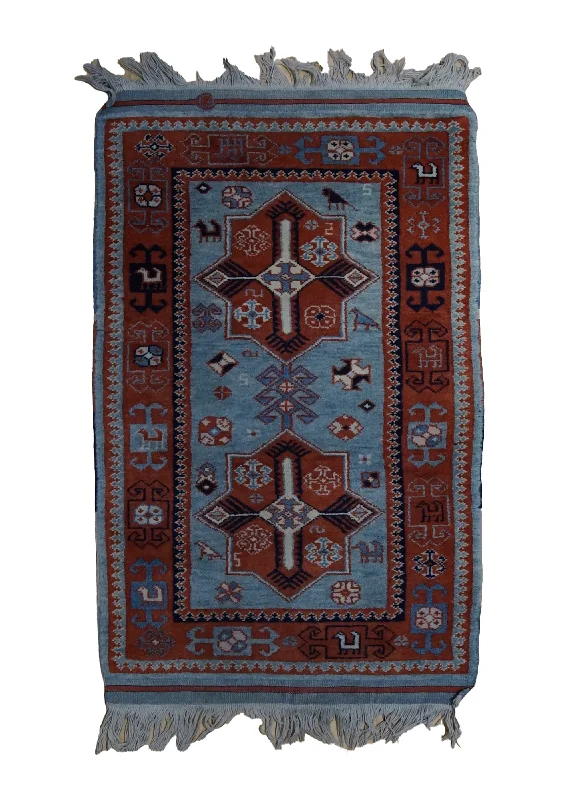 Oriental Rug Turkish Handmade Area Tribal 2'3"x3'8" (2x4) Blue Red Geometric Design #A34678