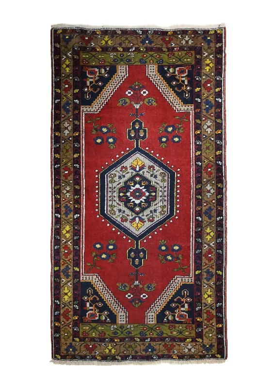 Oriental Rug Turkish Handmade Area Tribal 4'1"x7'6" (4x8) Red Geometric Design #A34676