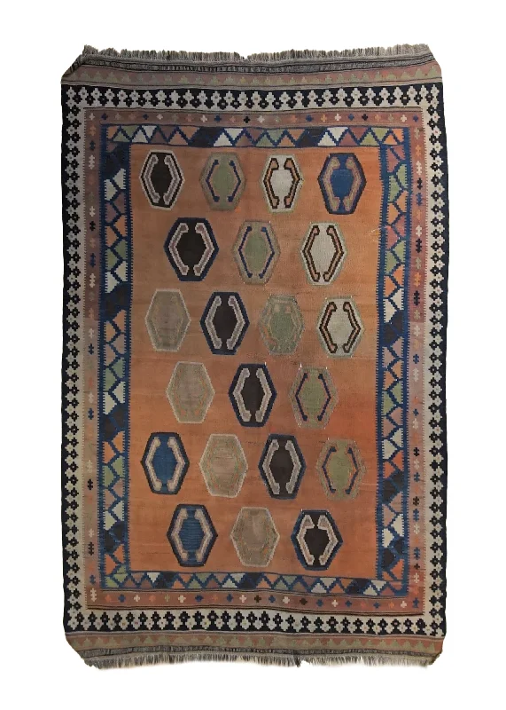 Oriental Rug Turkish Handmade Area Tribal Vintage 4'10"x7'7" (5x8) Orange Kilim Geometric Design #A34402