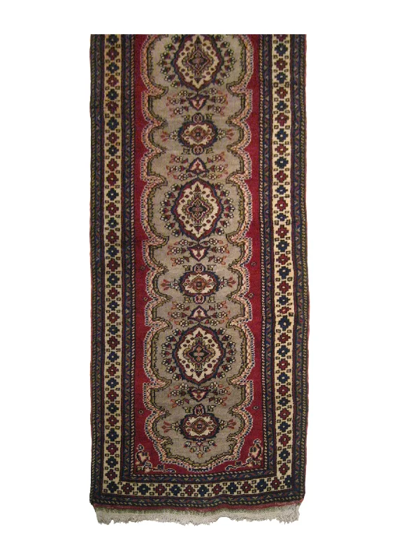 Oriental Rug Turkish Handmade Runner Traditional 3'0"x12'0" (3x12) Red Whites/Beige Geometric Design #A19935