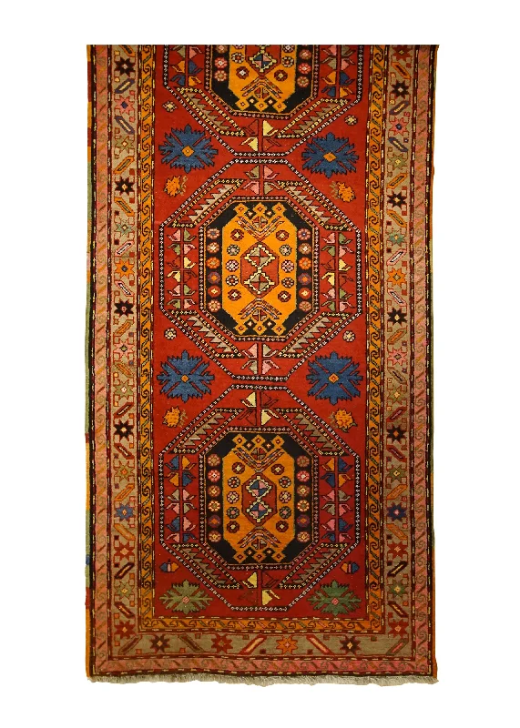 Oriental Rug Turkish Handmade Runner Tribal 4'4"x9'6" (4x10) Red Geometric Design #A32156