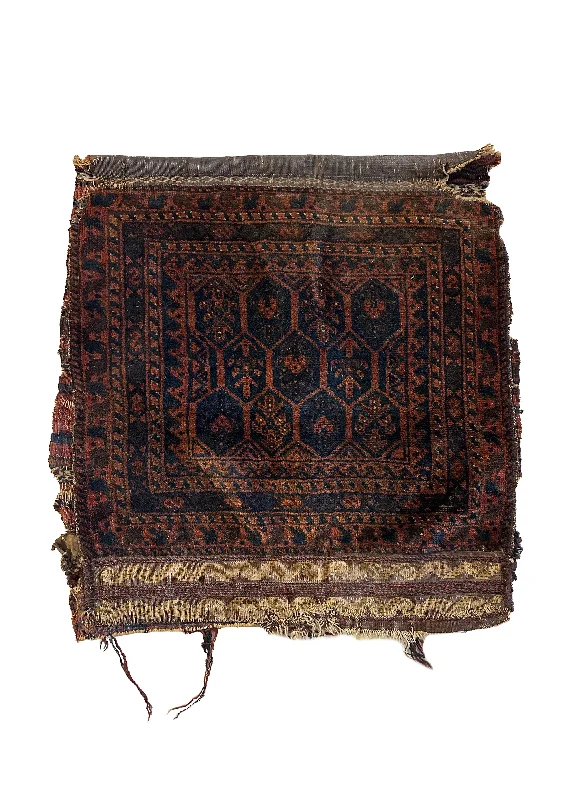 Persian Rug Baloch Handmade Saddle Antique Tribal 1'9"x1'11" (2x2) Brown Blue Saddle Bag Geometric Design #A34427