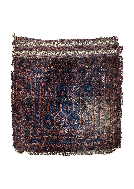 Persian Rug Baloch Handmade Saddle Antique Tribal 1'9"x1'9" (2x2) Brown Blue Saddle Bag Geometric Design #A34428