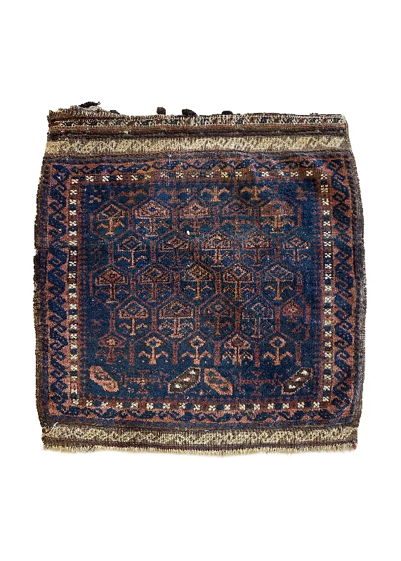 Persian Rug Baloch Handmade Saddle Antique Tribal 2'0"x2'1" (2x2) Brown Blue Saddle Bag Geometric Design #A34429