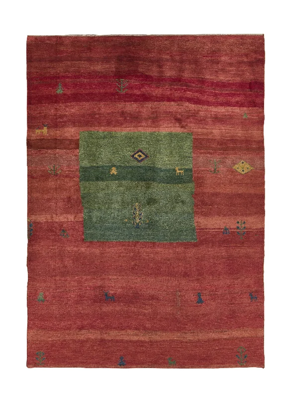 Persian Rug Gabbeh Handmade Area Tribal 6'7"x9'4" (7x9) Red Green Pictorial Design #31248