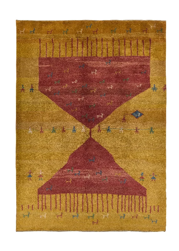 Persian Rug Gabbeh Handmade Area Tribal 6'8"x9'4" (7x9) Red Yellow/Gold Pictorial Design #31252