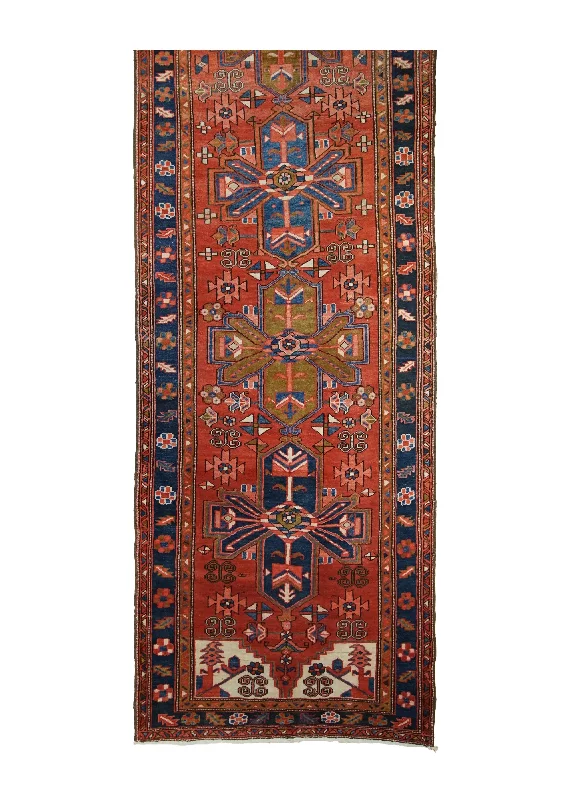 Persian Rug Heriz Handmade Runner Tribal Vintage 3'4"x11'2" (3x11) Red Blue Geometric Design #A31012