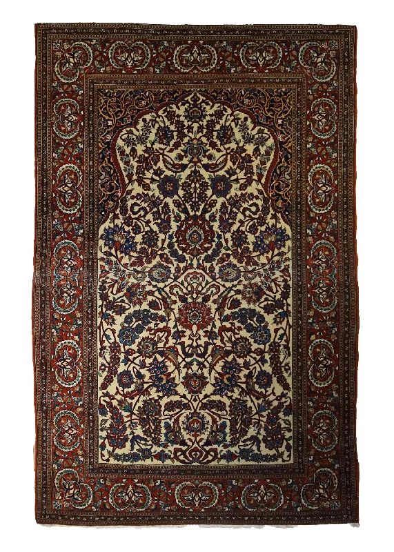 Persian Rug Isfahan Handmade Area Antique Traditional 4'5"x6'9" (4x7) Red Whites/Beige Prayer Rug Floral Design #A34149