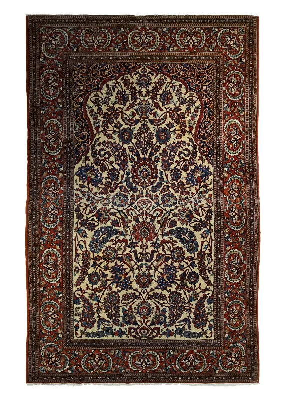 Persian Rug Isfahan Handmade Area Antique Traditional 4'6"x7'2" (5x7) Red Whites/Beige Prayer Rug Floral Design #A34148