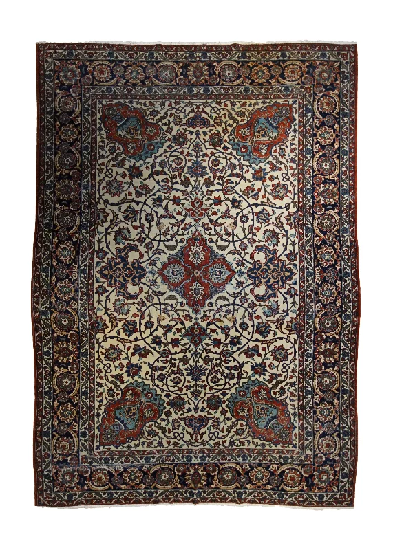 Persian Rug Isfahan Handmade Area Antique Traditional 7'0"x10'1" (7x10) Red Whites/Beige Floral Design #A34152