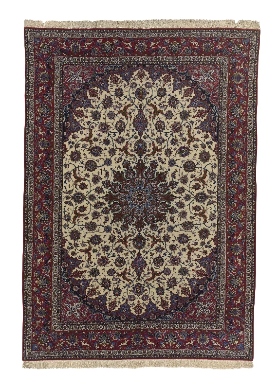 Persian Rug Isfahan Handmade Area Traditional 6'8"x10'1" (7x10) Red Whites/Beige Floral Design #35060