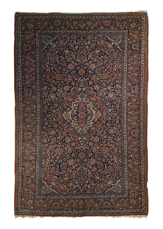 Persian Rug Kashan Handmade Area Antique Traditional 4'5"x6'10" (4x7) Red Blue Floral Toranj Mehrab Design #A34151