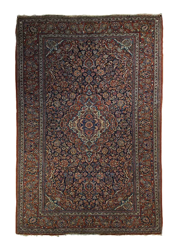 Persian Rug Kashan Handmade Area Antique Traditional 4'6"x7'4" (5x7) Red Blue Floral Toranj Mehrab Design #A34150