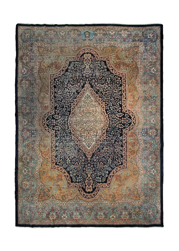 Persian Rug Kerman Handmade Area Antique Traditional 8'11"x11'7" (9x12) Black Blue Pink Floral Design #A34422