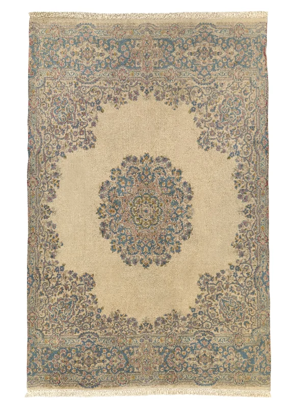 Persian Rug Kerman Handmade Area Traditional 5'9"x8'9" (6x9) Whites/Beige Blue Open Field Floral Design #32027