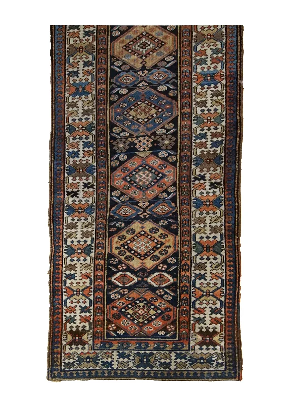 Persian Rug Kurdistan Handmade Runner Antique Tribal 3'5"x12'4" (3x12) Red Blue Geometric Vintage Design #A35086