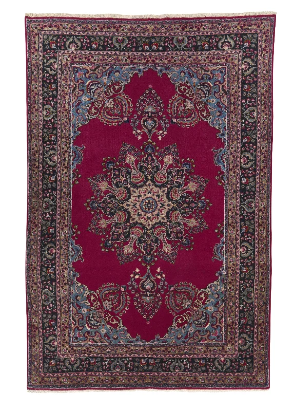 Persian Rug Mashhad Handmade Area Traditional 6'5"x9'7" (6x10) Red Blue Open Field Floral Design #32033