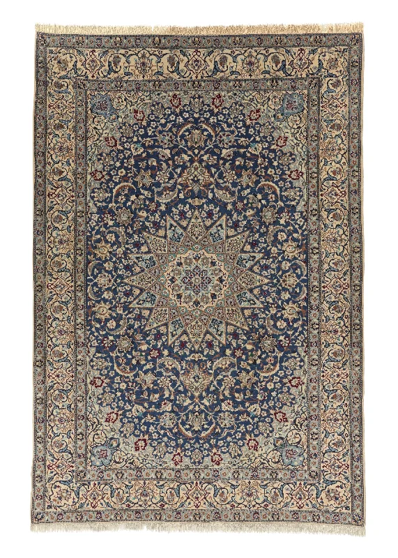 Persian Rug Nain Handmade Area Traditional 6'6"x9'4" (7x9) Whites/Beige Blue Floral Design #31610