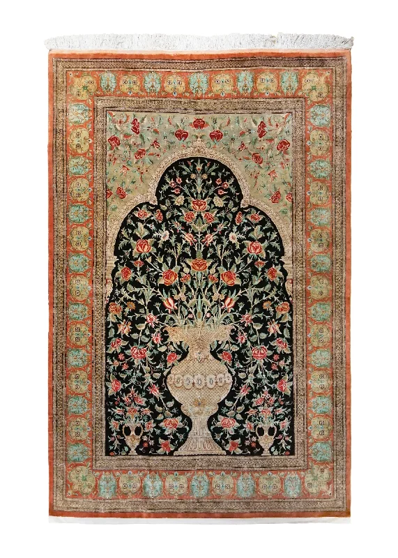 Persian Rug Qum Handmade Area Traditional 4'5"x6'8" (4x7) Black Red Tree of Life Prayer Rug Design #A34918