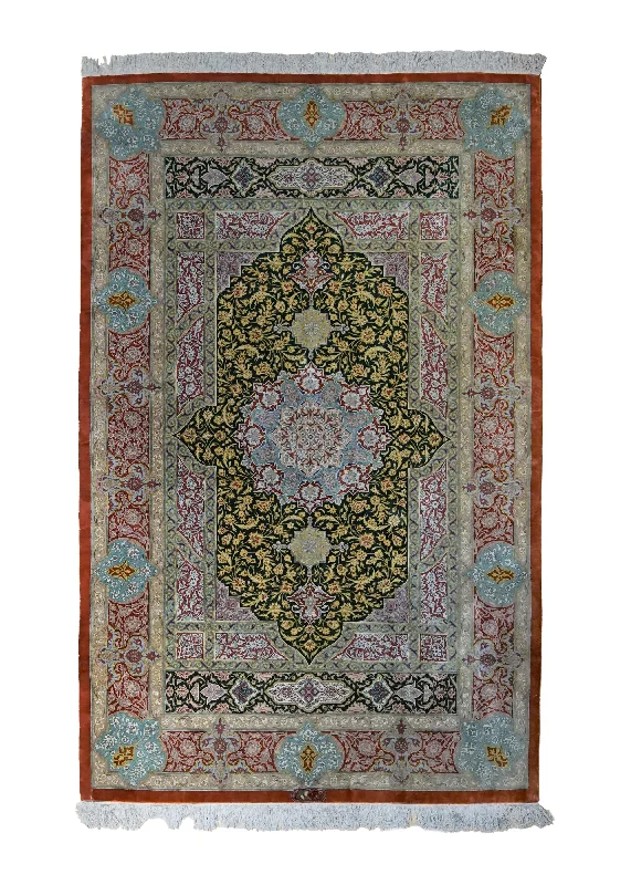 Persian Rug Qum Handmade Area Traditional 4'1"x6'7" (4x7) Red Green Floral Design #A34393