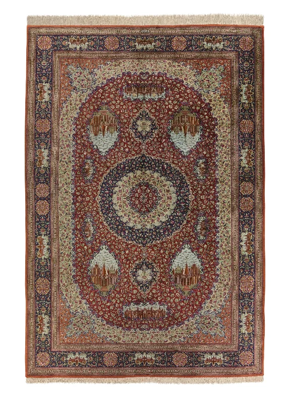 Persian Rug Qum Handmade Area Traditional Traditional 6'6"x9'9" (7x10) Red Orange Pictorial Floral Design #16079