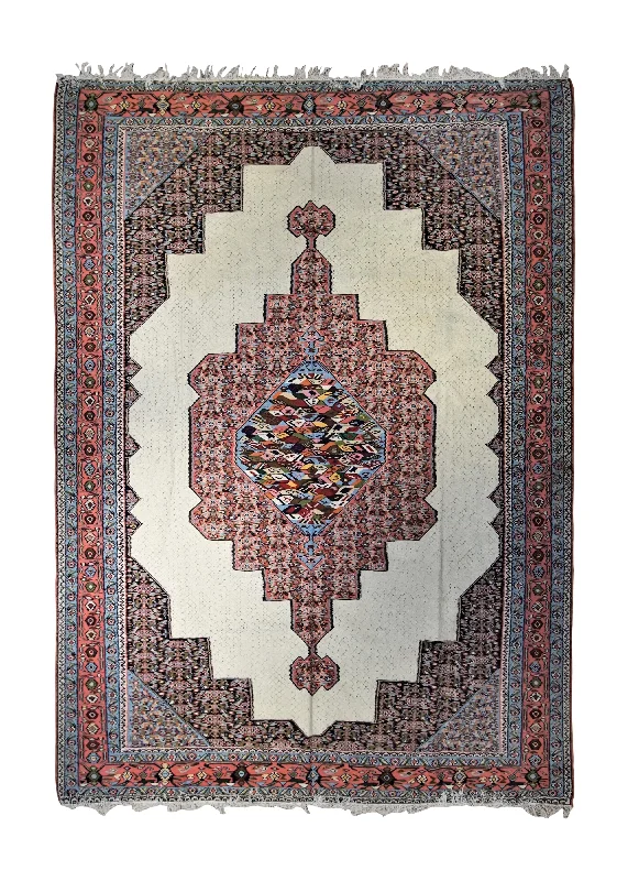 Persian Rug Senneh Handmade Area Tribal Vintage 9'3"x11'5" (9x11) Whites/Beige Blue Pink Kilim Open Field Geometric Design #A34920