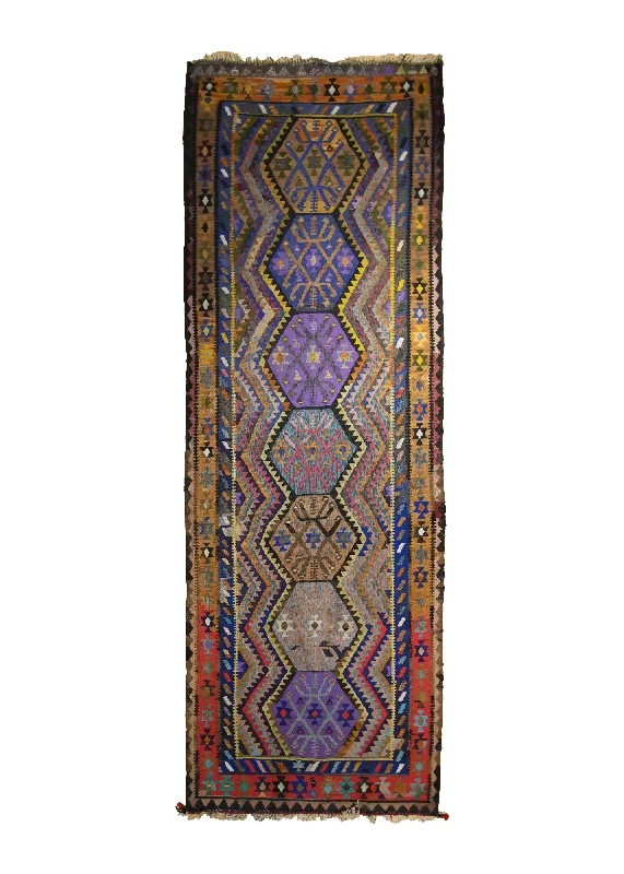 Persian Rug Senneh Handmade Runner Tribal 3'3"x9'1" (3x9) Multi-color Yellow/Gold Blue Kilim Geometric Design #A30149