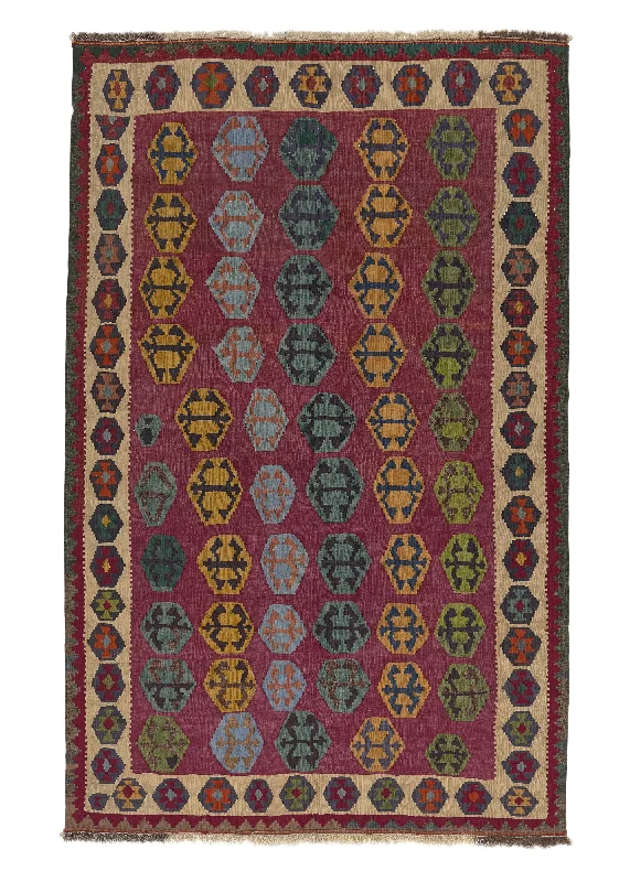 Persian Rug Shiraz Handmade Area Tribal 4'10"x7'8" (5x8) Red Multi-color Geometric Kilim Design #31371