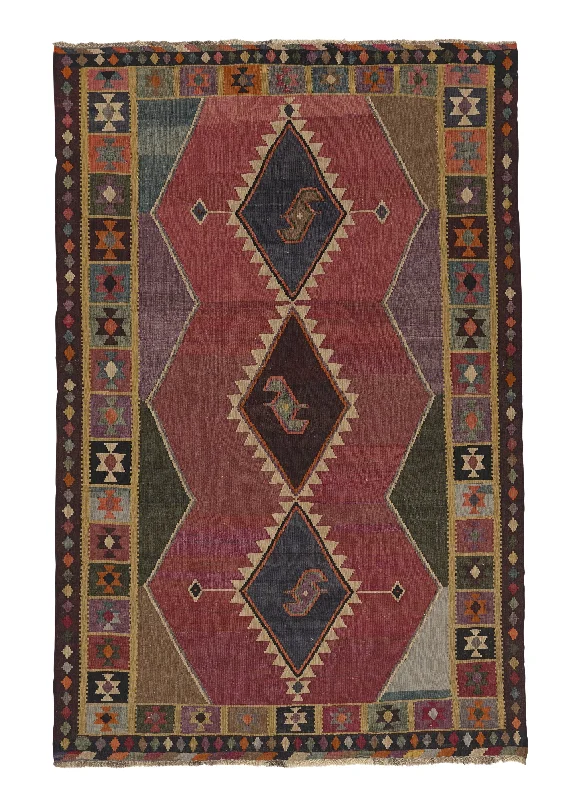 Persian Rug Shiraz Handmade Area Tribal 5'1"x8'1" (5x8) Red Multi-color Kilim Geometric Design #31374