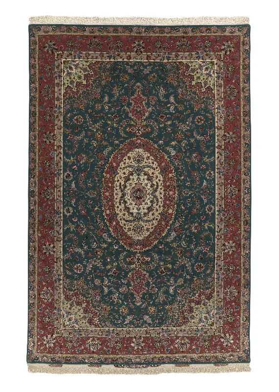 Persian Rug Tabriz Handmade Area Traditional 6'6"x10'0" (7x10) Green Pink Floral Design #35628