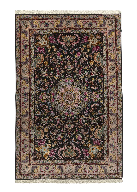 Persian Rug Tabriz Handmade Area Traditional 6'3"x9'8" (6x10) Black Pink Naghsh Floral Design #30422