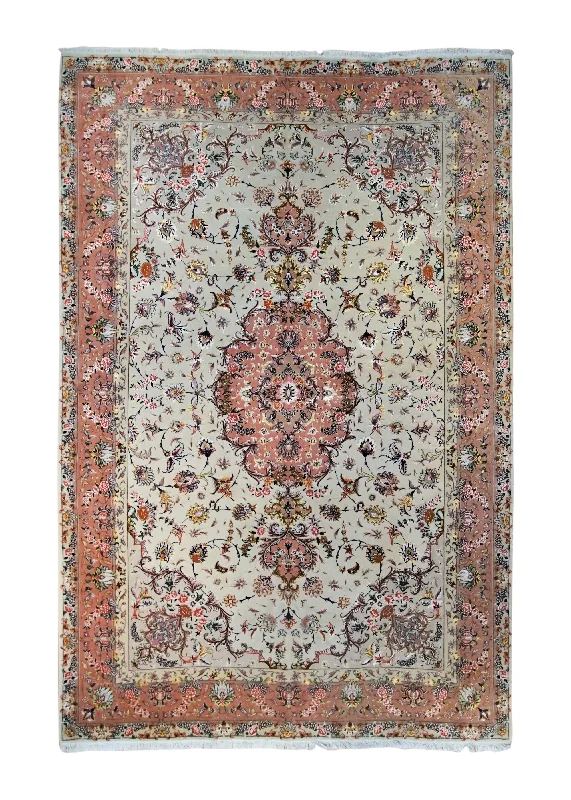 Persian Rug Tabriz Handmade Area Traditional 6'5"x10'0" (6x10) Whites/Beige Pink Floral Naghsh Design #A34601