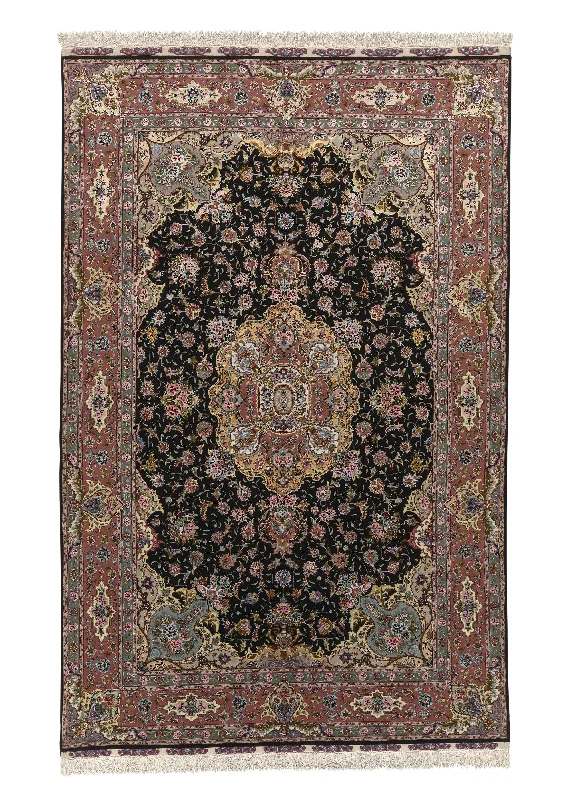 Persian Rug Tabriz Handmade Area Traditional 6'6"x10'0" (7x10) Black Pink Naghsh Floral Design #30522