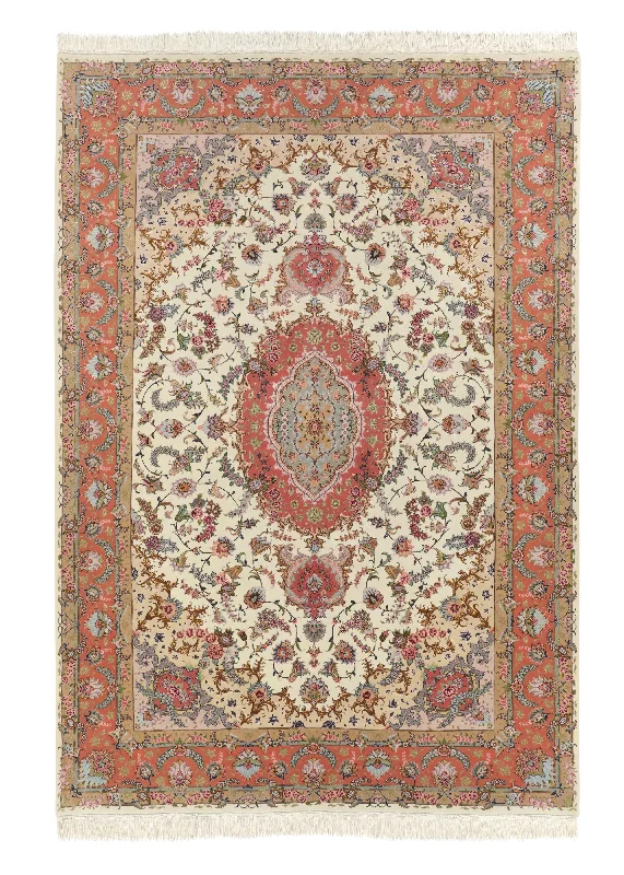 Persian Rug Tabriz Handmade Area Traditional 6'7"x9'9" (7x10) Whites/Beige Orange Naghsh Floral Design #30423