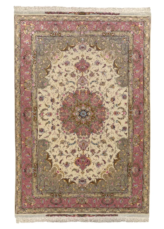 Persian Rug Tabriz Handmade Area Traditional 6'7"x9'9" (7x10) Whites/Beige Pink Naghsh Floral Design #32593