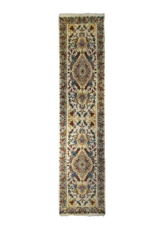 Persian Rug Tabriz Handmade Runner Traditional 2'9"x12'3" (3x12) Whites/Beige Green Floral Naghsh Design #A19556