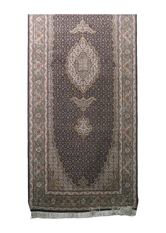 Persian Rug Tabriz Handmade Runner Traditional 2'9"x6'10" (3x7) Blue Green Whites/Beige Mahi Fish Floral Design #A19856