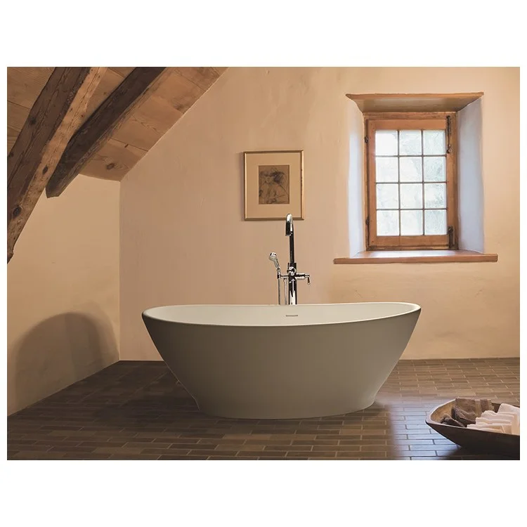 Soaking Tub Elise 63 x 32 Inch Freestanding Integrated Pedestal Center Biscuit Matte Sculpturestone 74 Gallons 22 Inch