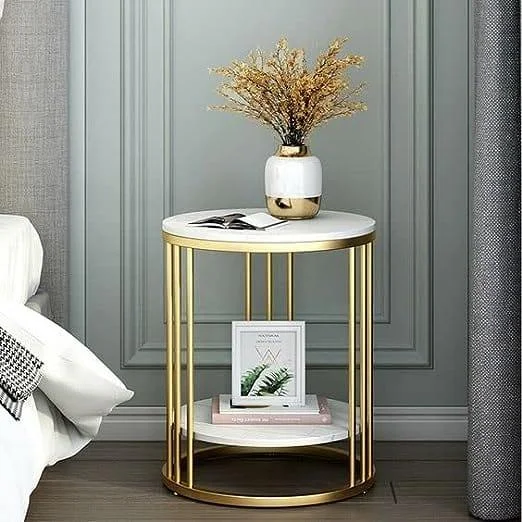 Accent Coffee Table Simple Modern Bedside Cabinet Small Round Table MDF Top Metal Table Living Room Sofa (Golden & White)